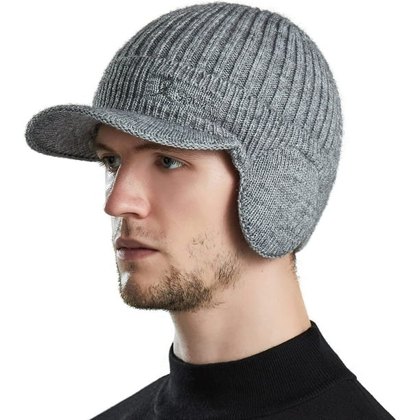 Muryobao Men Winter Beanie Hat Soft Fleece Lined Cuff Knit Hats With Visor Warm Earflaps Newsboy 2222