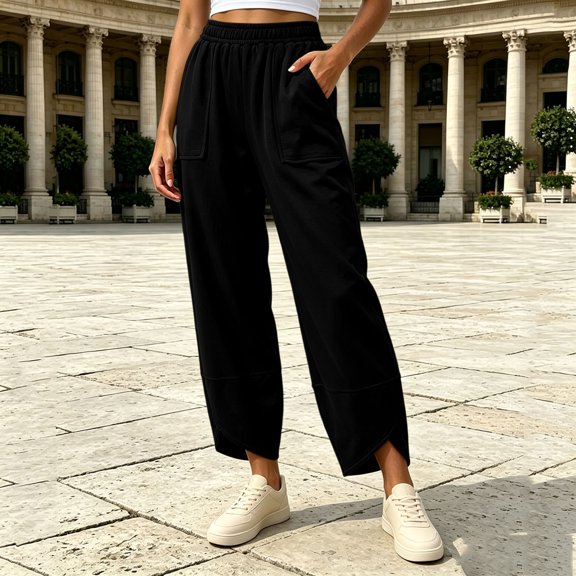 Samdudou Womens Joggers Curved Hem Lounge Pants Front Patch Pockets Elastic Waist Active Trousers Casual Solid Daily Work Wear
