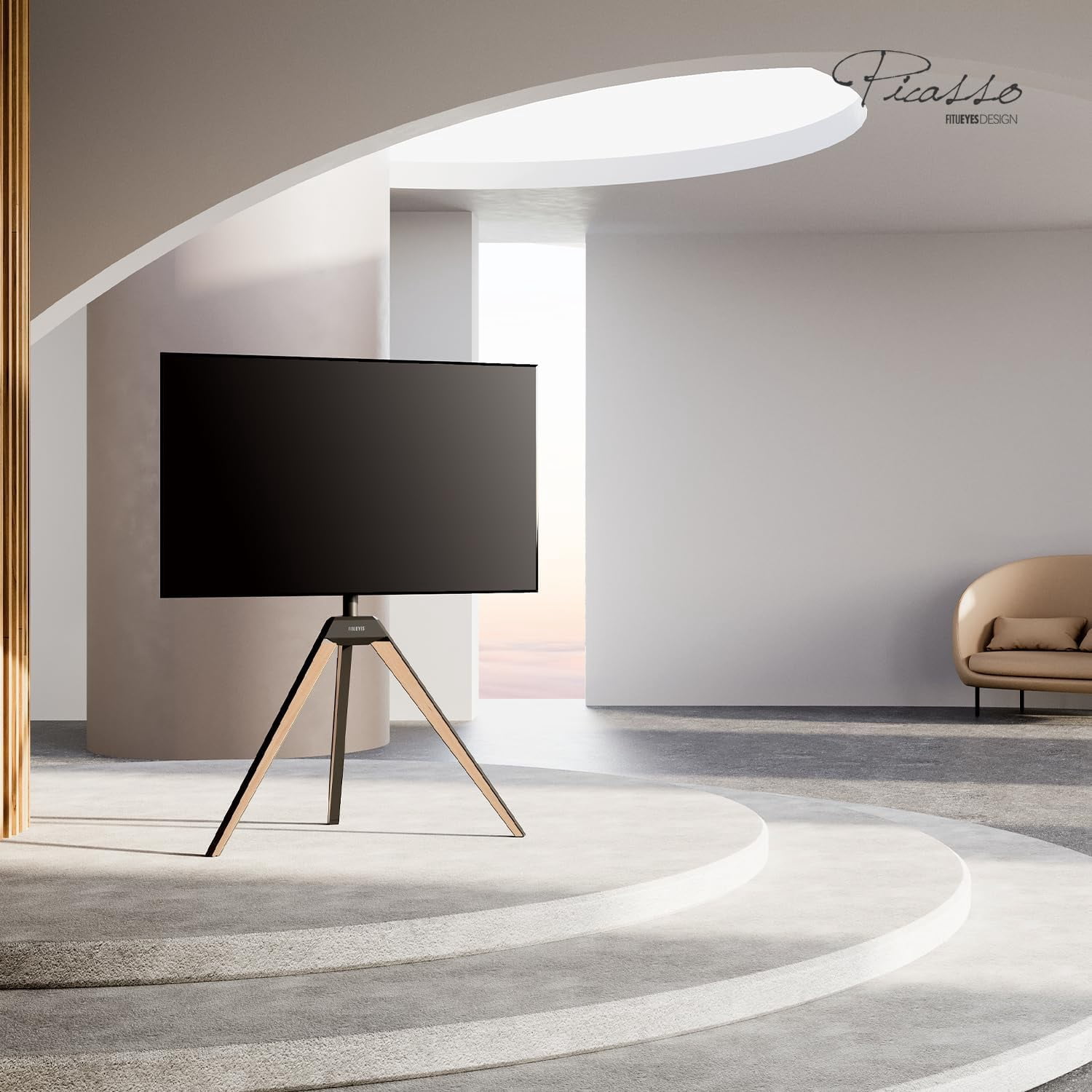 FITUEYES Picasso Series Corner TV Stand for 32–65 Inch TVs, Black & Light Wood, Swivel Mount