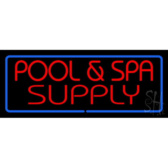 Red Pool and Spa Supply with Blue Border LED Neon Sign 13 x 32 - inches, Black Square Cut Acrylic Backing, with Dimmer - Bright and Premium built indoor LED Neon Sign for Spa decor and storefront.