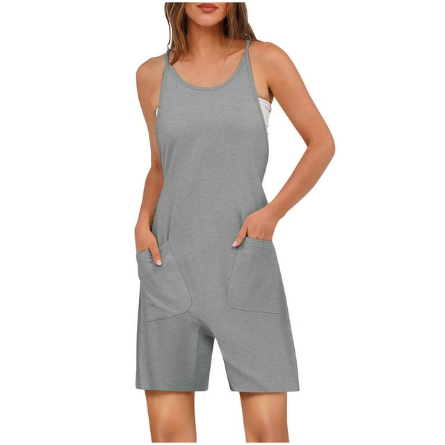 biudgviw Women's Casual Rompers Summer Spaghetti Strap Scoop Neck Drawstring Sleeveless Jumpsuits Loose Short Overalls