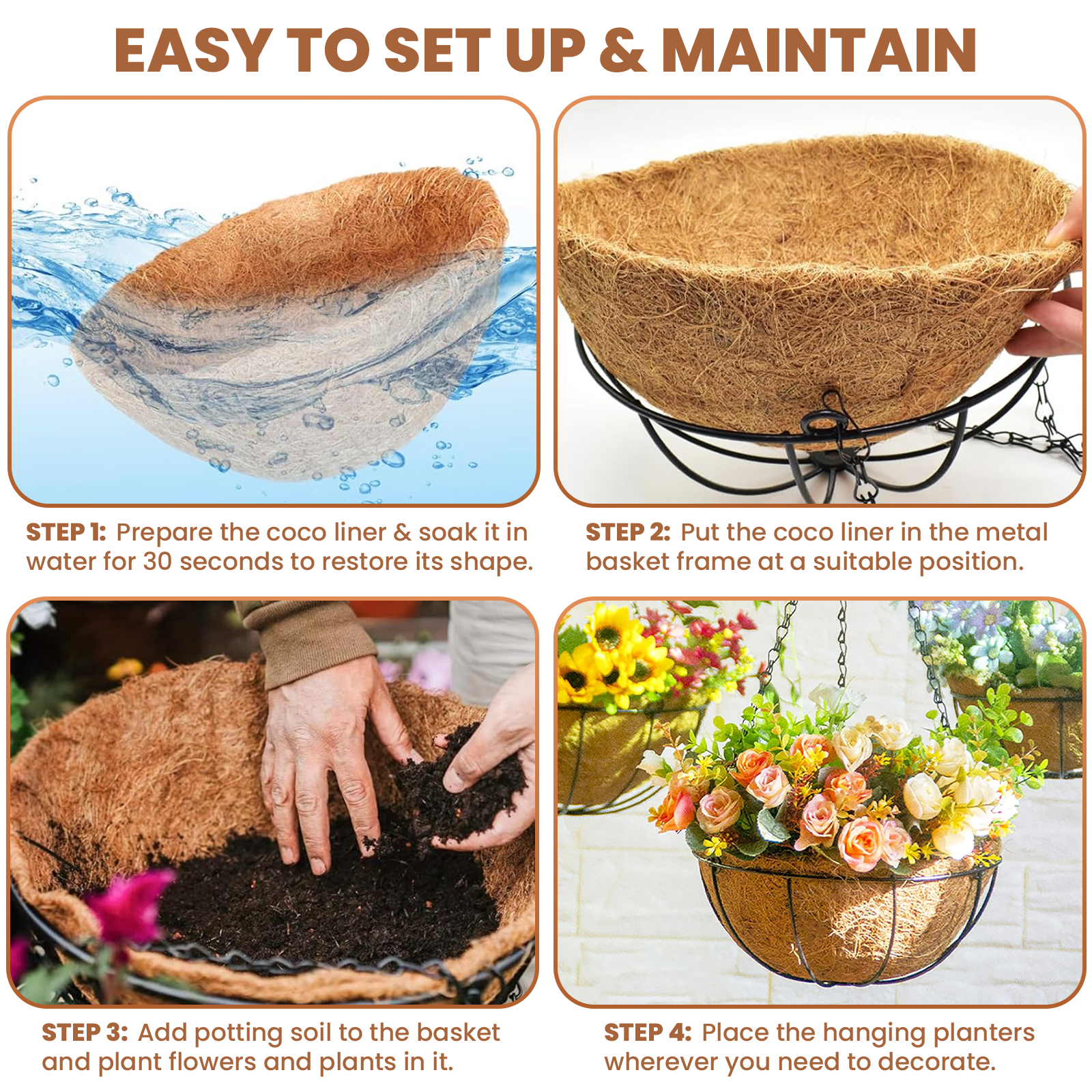 Diigabo 3-Pack Metal Hanging Planter 10-Inch Baskets Coconut Coir Liners Rustproof Iron Frame with Hook for Indoor Outdoor Porch Garden Décor