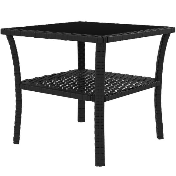 Outsunny Patio Wicker Coffee Table w/ Two-tier Design, Side Table, Black
