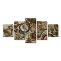 Elephant Stock Compass Collection World Map Wall Art - Horizontal Multi Panel Canvas - Living Room Wall Decor - Nautical Multi Panel - Gray And Brown Decor - 36" x 15"