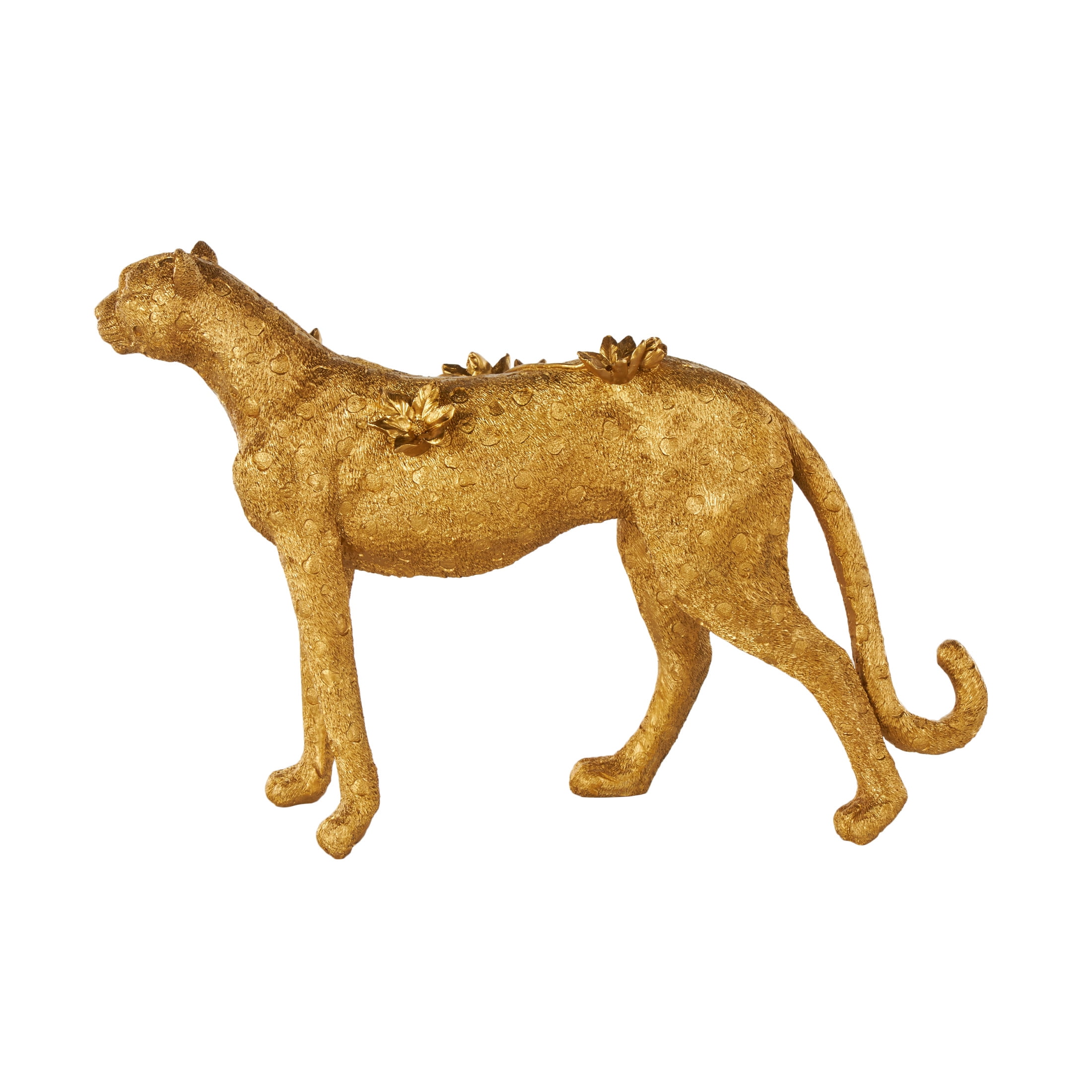 25" x 17" Gold Resin Standing Leopard Sculpture with Textured Spots and Floral Accents, by DecMode