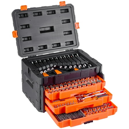 VEVOR Mechanics Tool Set and Socket Set,450 Pcs, 1/4, 3/8 and 1/2 inch Drive Deep and Standard Sockets, SAE Metric Mechanic Tool Kit with Bits, Wrenches, Accessories, Storage Case with Orange Drawer