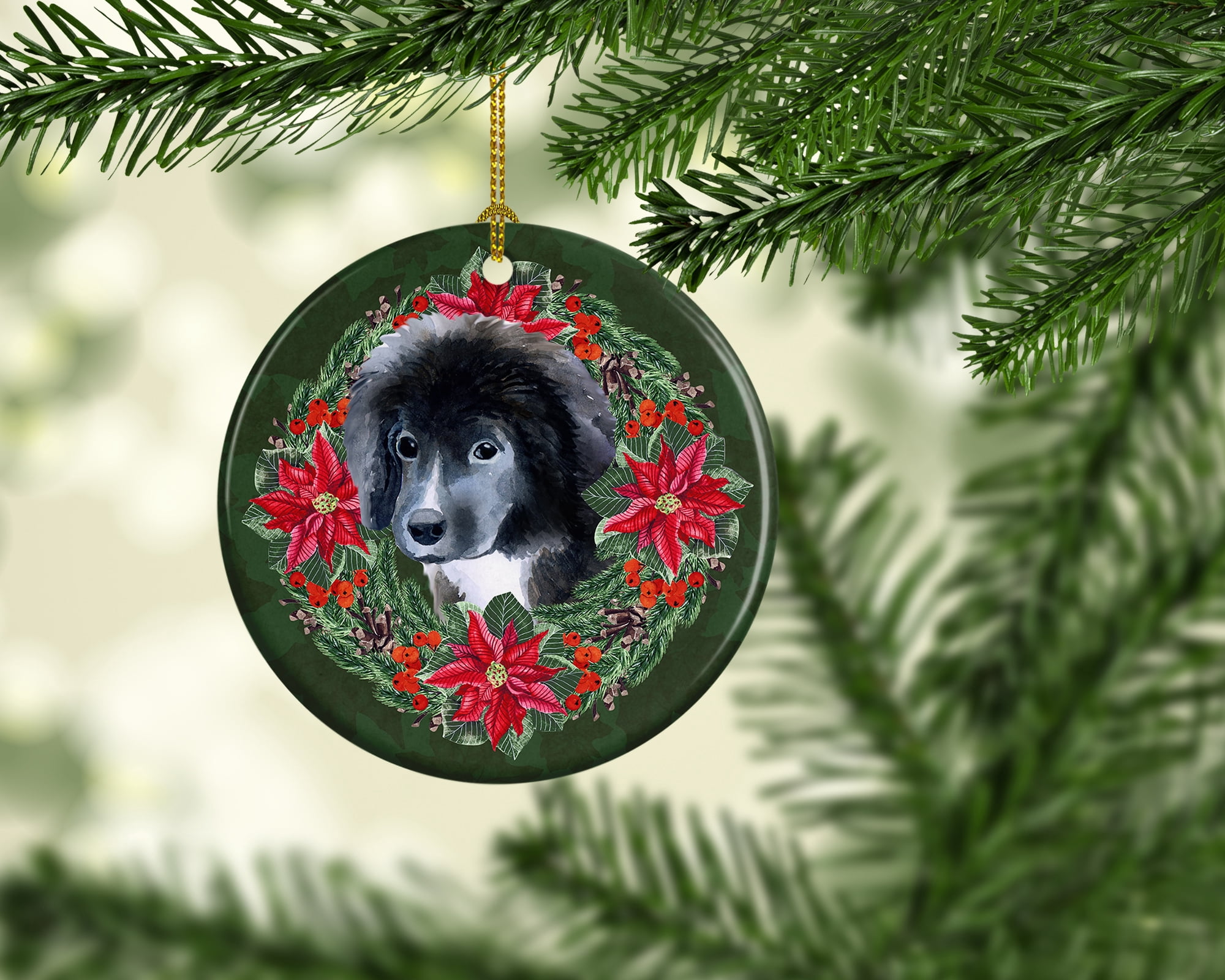 Newfoundland Puppy Poinsetta Wreath Ceramic Ornament 2.8 in x 2.8 in
