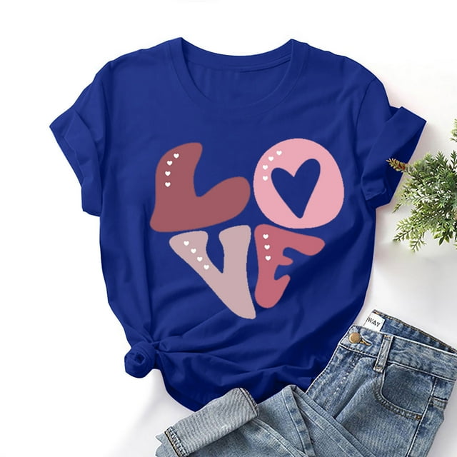 Styesk T-Shirts pour Femmes Saint-Valentin Graphique Décontracté Grande Taille Hauts Imprimé Cœur Hauts de Sortie Confortables Doux Col Rond T-Shirts Chandail Mode Léger Manches Courtes T-shirt
