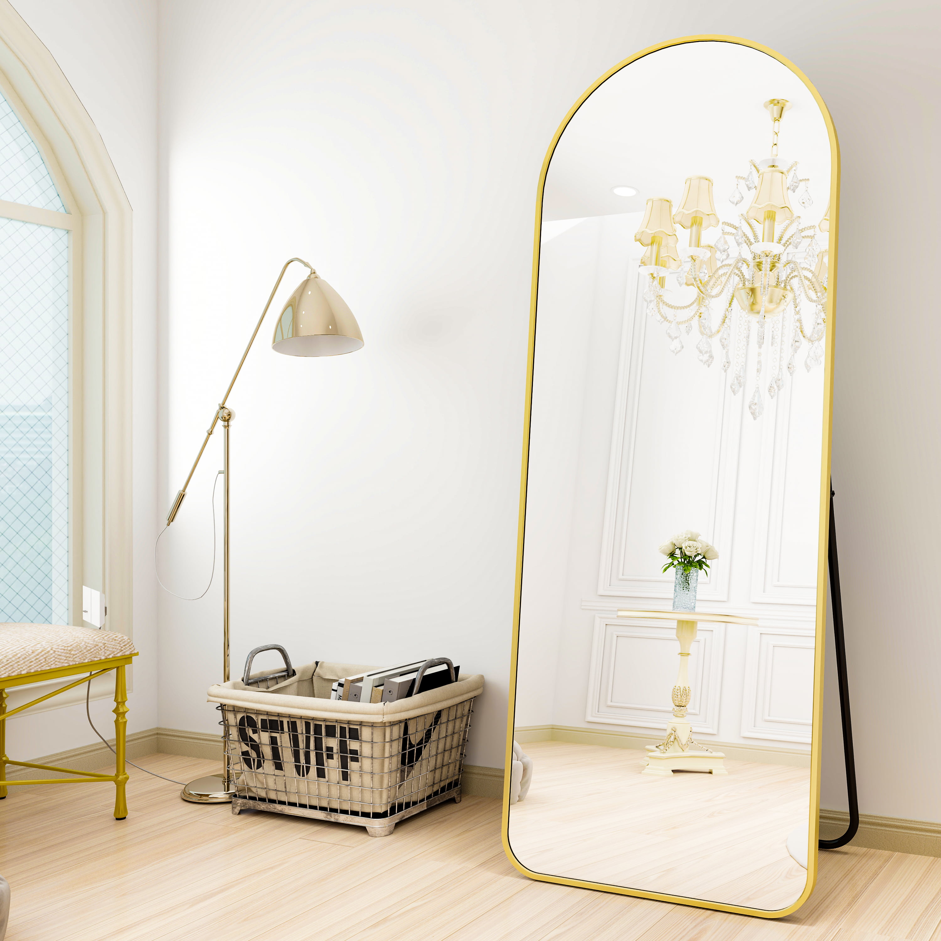 BEAUTYPEAK 64"x21" Full Length Mirror Arched Floor Mirror Full Body Mirror Standing, Gold