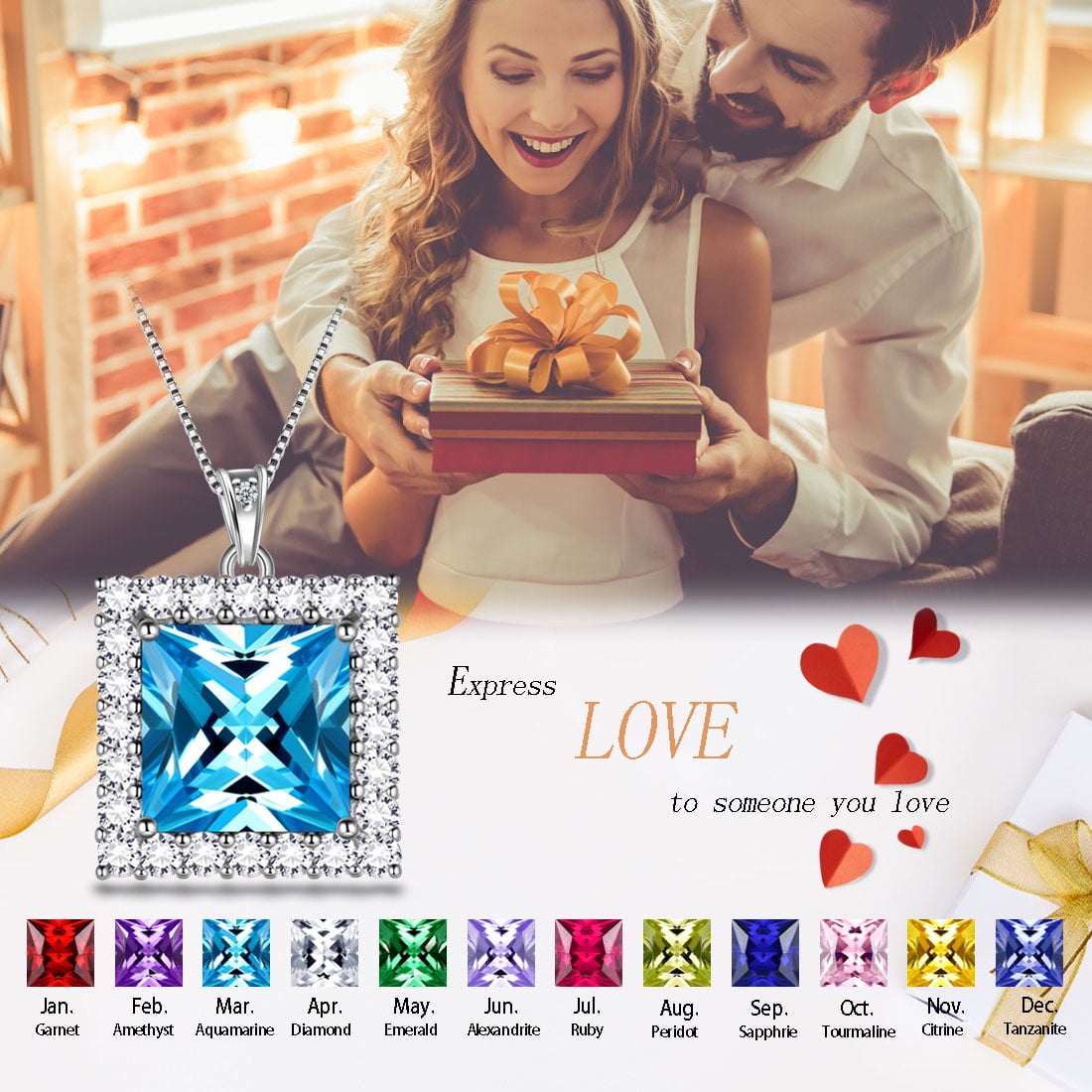 6 Carat March Birthstone Necklace Aquamarine Pendant Princess Cut Blue CZ 925 Sterling Silver Jewelry Women Birthday Xmas Mother's Day Gifts Juwaliy