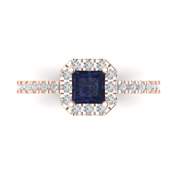 Halo Engagement Ring for Women - 0.89ct Simulated Blue Sapphire in 18K Rose Gold Promise Ring