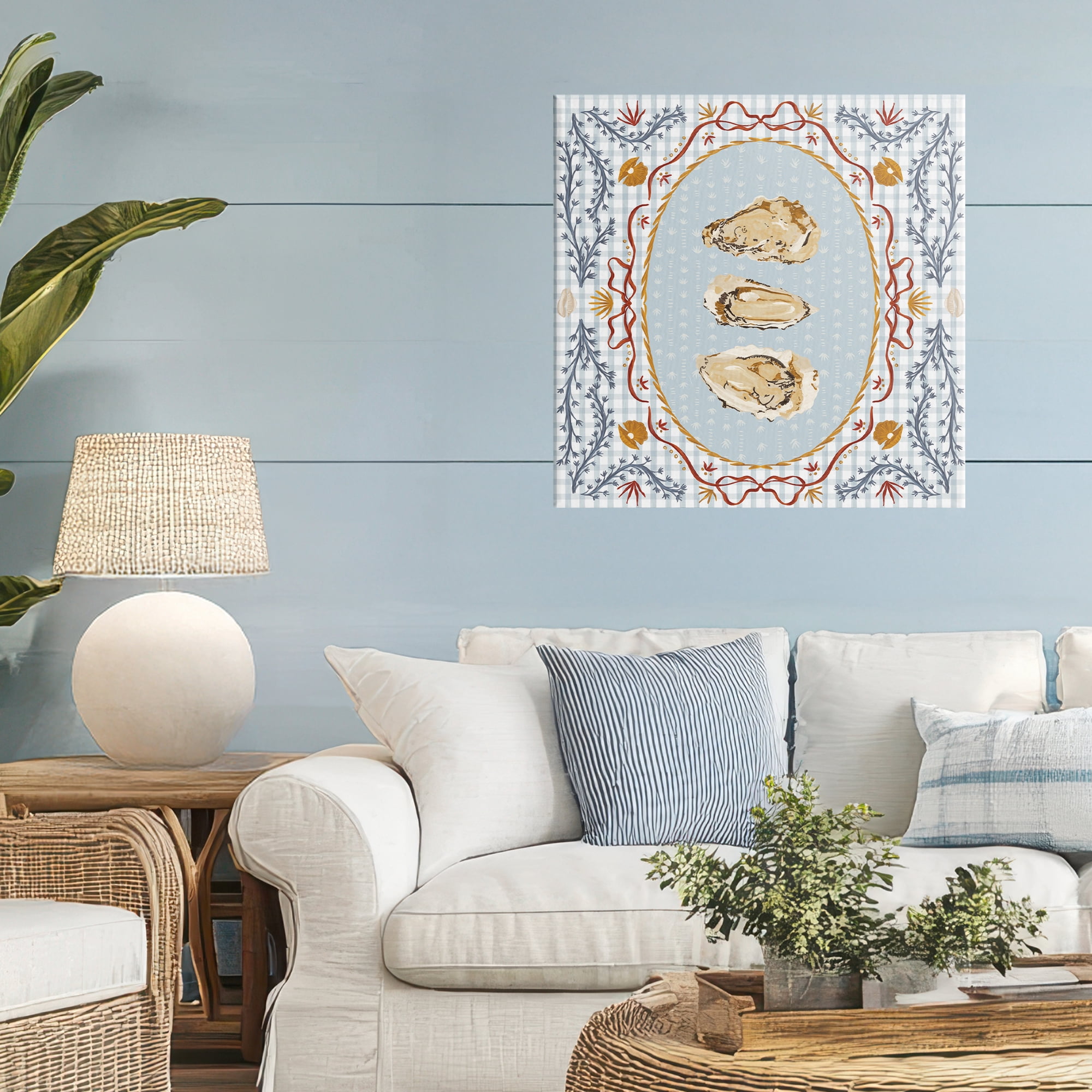 Stupell Industries Oyster Trio on Blue Gingham Canvas Wall Art, design by Vero Illustrates