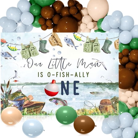Fishing-themed first birthday decoration set - O-FISH-ALLY ONE backdrop   balloon decoration outdoor party combo