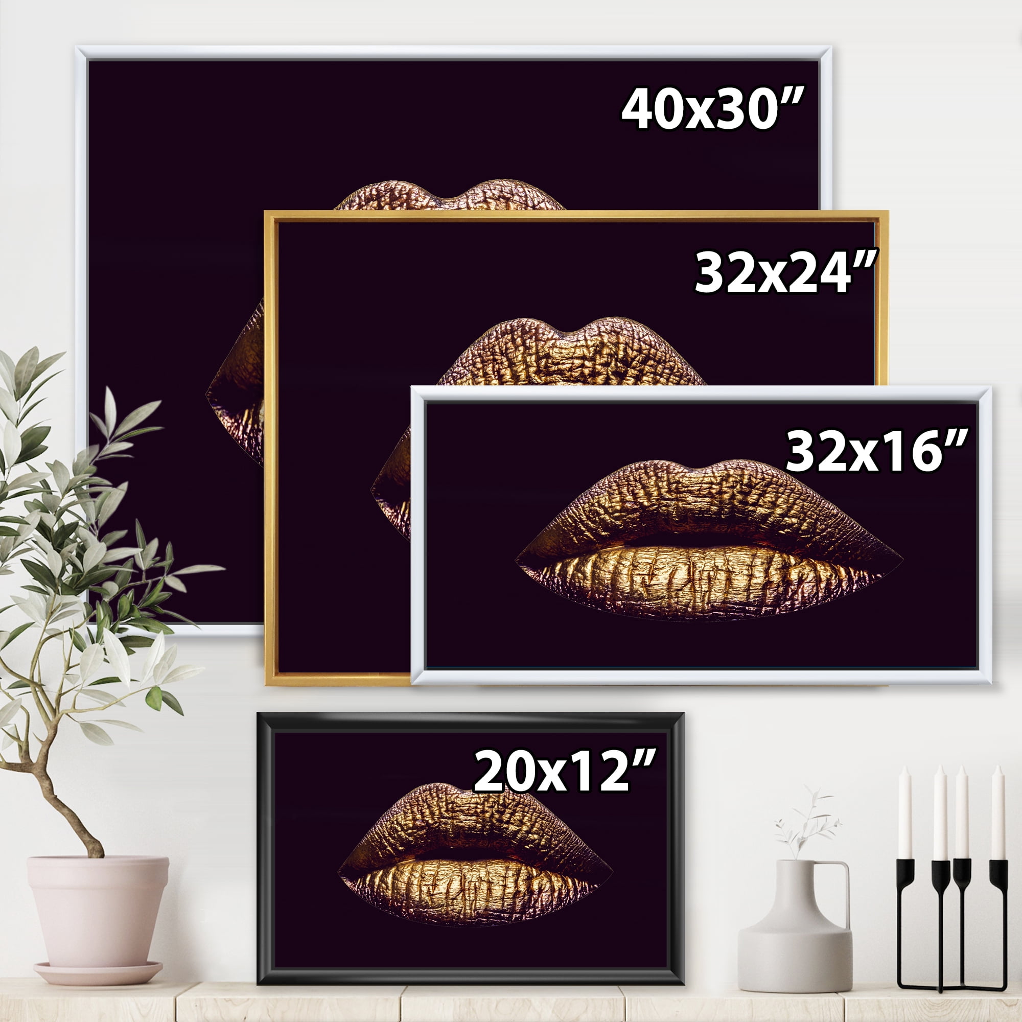 Designart 'Sexy Golden Metallized Woman Lips II' Modern Framed Canvas Wall Art Print
