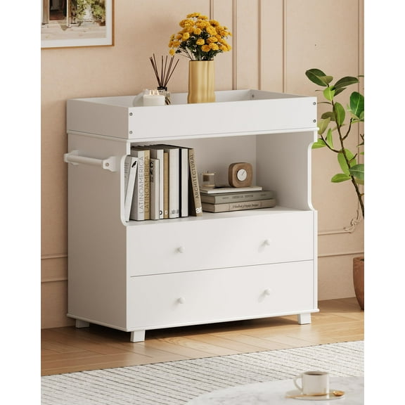Huisuilinss Changing Table Dresser,Baby Nursery Dresser,Modern Wood Diaper Changing Station With 2 Drawers & Shelves,Multi-Functional Chest Of Drawer For Nursery Room Bedroom Kids Room