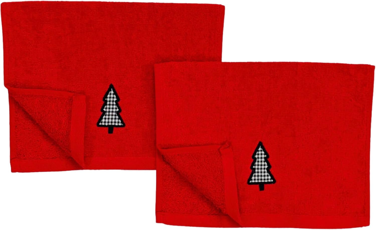 Holiday Winter Christmas Bathroom Guest Hand Fingertip Embroidered Applique Towels 4 Pc Set: Checkered Trees 16 x 25 inches, Gingham Tree Design,12 x 18 inches, Black White on Red, 100% Cotton