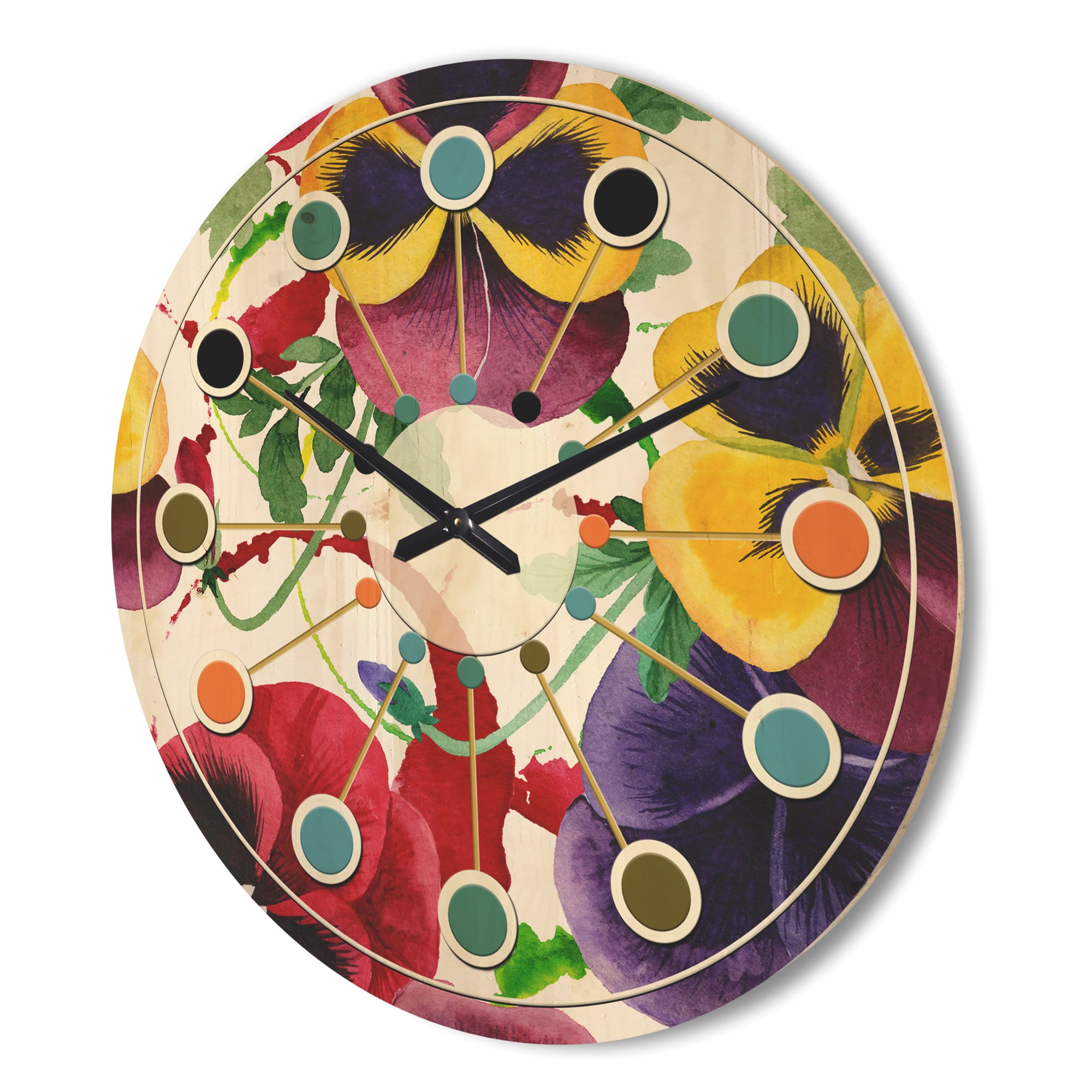 Designart 'Botanical Floral Retro VIII' Mid-Century Modern Wood Wall Clock