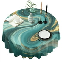 Teal Marble Gold Wave Pattern Round Tablecloth 60"x60",Wrinkle Wipeable Table Cloth for Kitchen Dining Room Picnic Patio Party