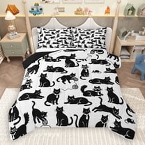 Homewish Funny Cat Kitten Queen Comforter Set for Kids, White Black Cartoon Bedding Sets, Kawaii Animal Theme Reversible Bedding Comforter Set, Super Cozy Room Decor, 3-Piece