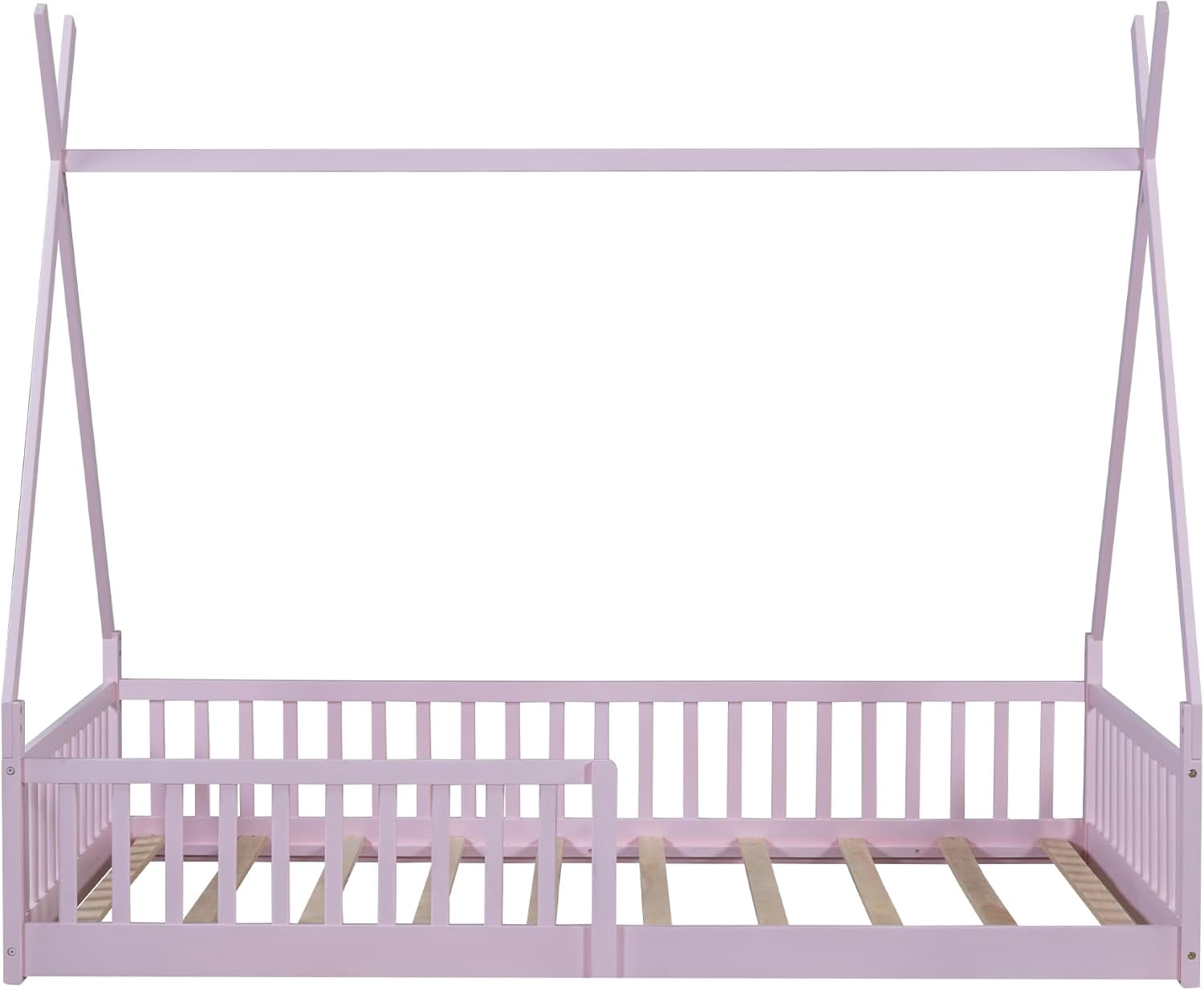 GLZ'HOME Twin House Bed with Fence, Modern Wood Montessori Floor Bed Frame Twin with Guardrails for Boys and Girls Bedroom, No Box Spring Needed (Pink)