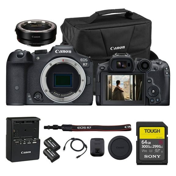 Canon EOS R7 Mirrorless Camera | Pro-Grade Speed & Precision in an APS-C Powerhouse (5137C002)   Canon Adapter EF-EOS R   LP-E6P Battery   64GB Memory Card   Shoulder Bag