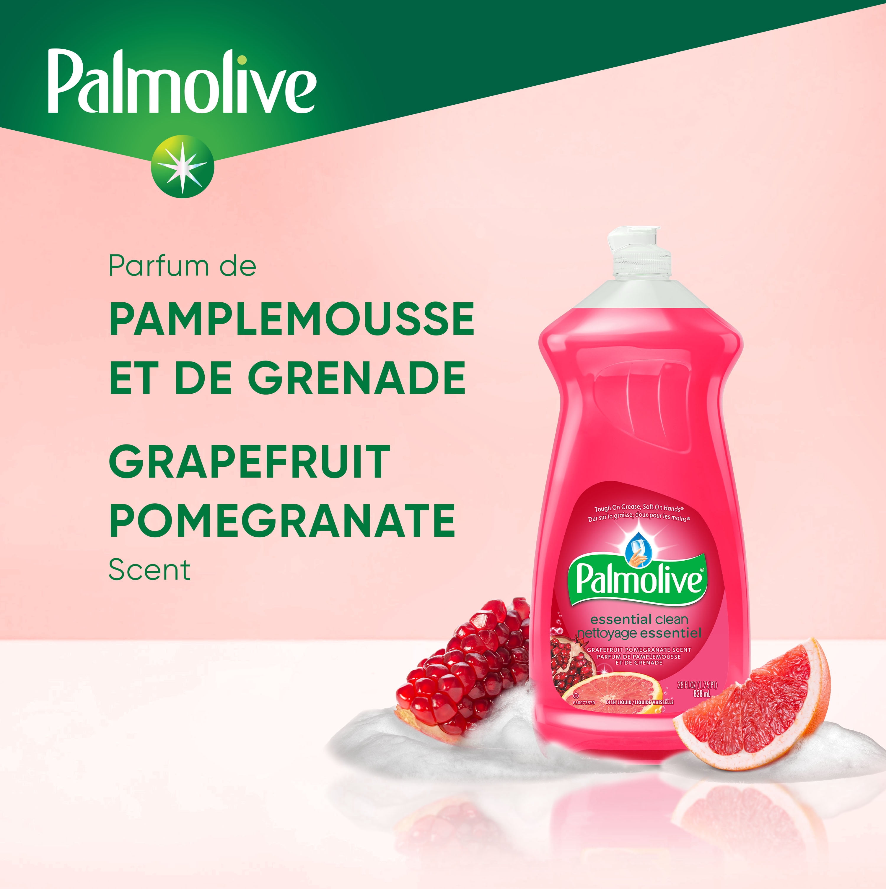 Palmolive Essential Clean Savon à Vaisselle Liquide, Détergent à Vaisselle Parfumé au Pamplemousse et à la Grenade, Bouteille de 828 ml