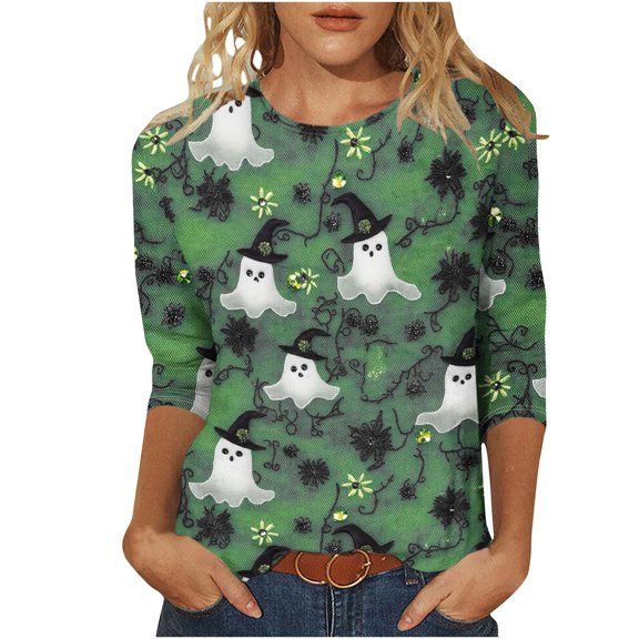 Plcasen Women Halloween Witch Hat Ghost Floral All Over Print Round Neck 3/4 Sleeve Loose Blouse Top