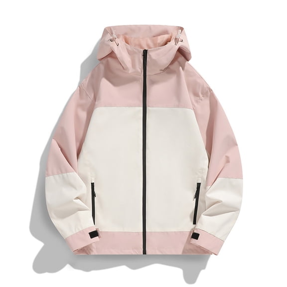 Mens Outdoor Jackets Waterproof Windproof Hooded Full Zip Windbreaker Color Block Sports Fitness Outwear With Zipper Pockets (XL, Pink)
