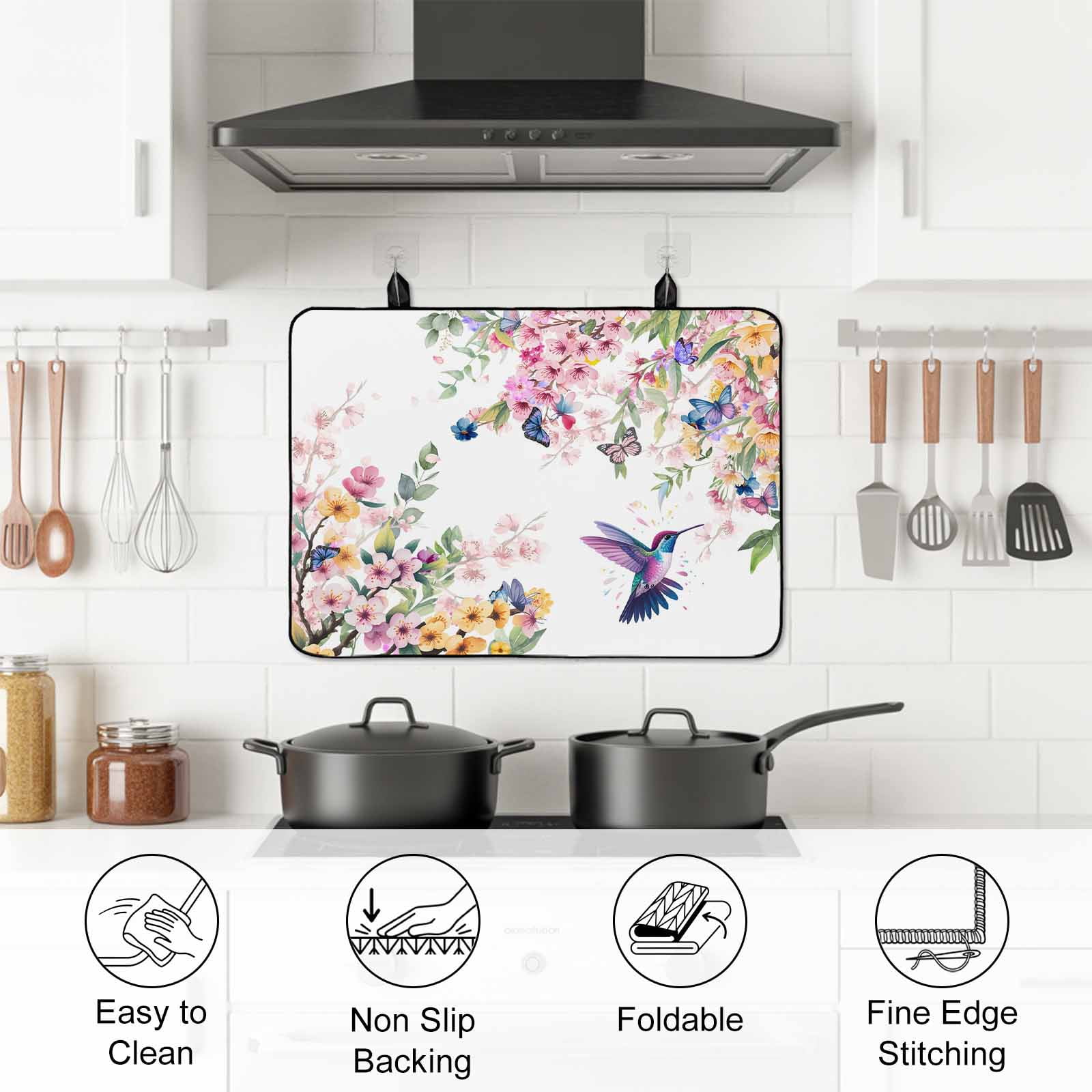 Botanical Flowers Stove Top Cover for Electric Stove, Heat-proof & Non Slip Glass Top Stove Cover Protector, Watercolor Floral Bird Butterfly Kitchen Flat Cooktop Rubber Mat 24x21 Inches