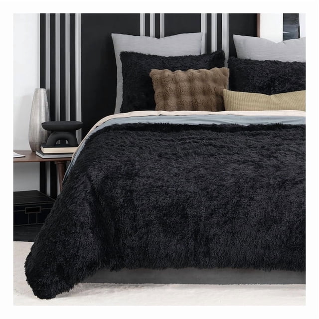 Funda Duvet Invernal Afelpada Doble Vista con Fundas de Almohada Esquimal (Negro-Gris, Queen Size)