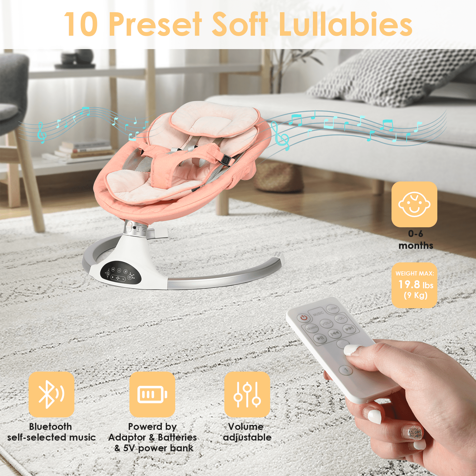 Baby Swing for Infants - Electric Indoor Baby Rocker with 3 Speeds and 10 Lullabies, Portable, Touch Screen and Remote Control,  Pink