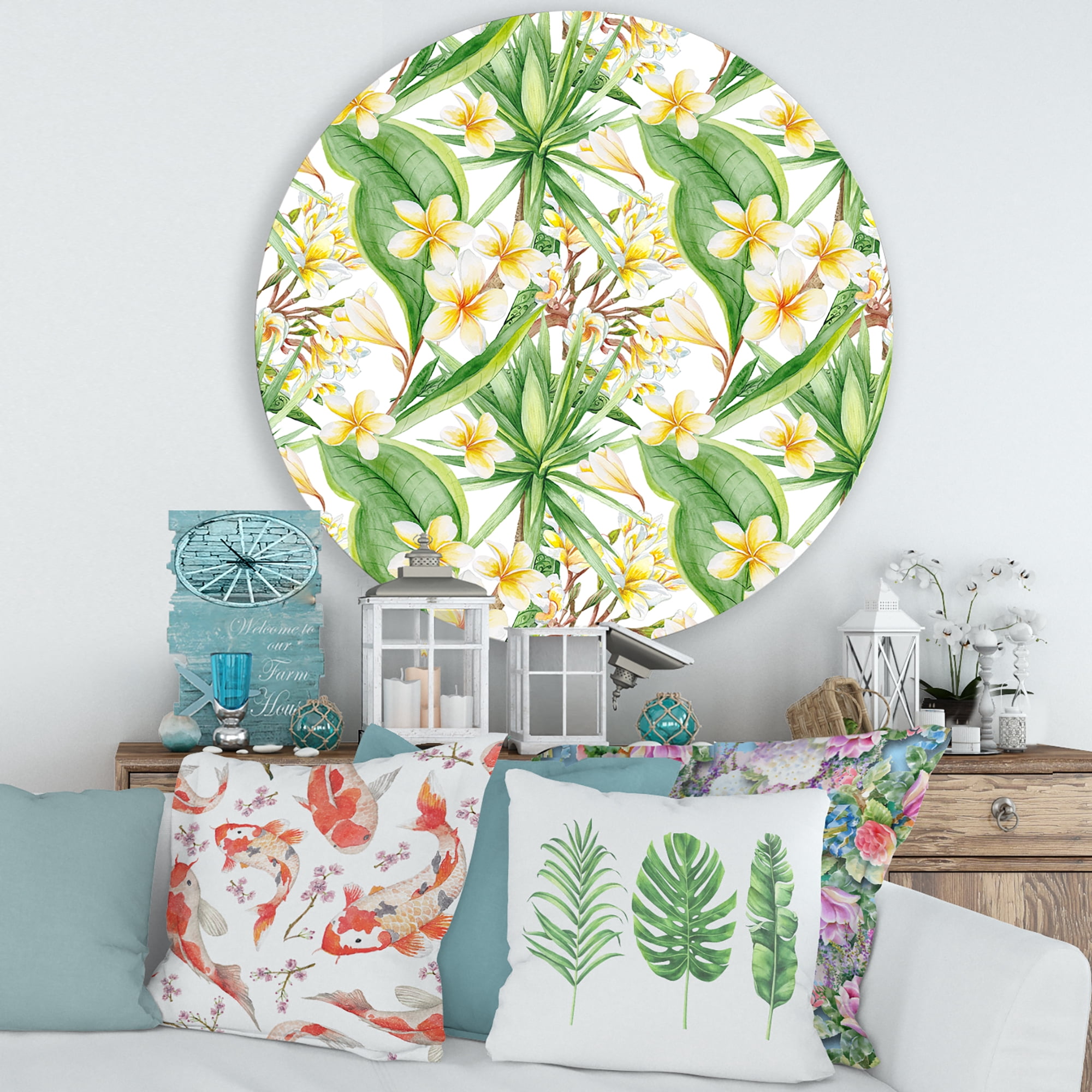 Designart 'Yellow Flowers and Tropical Foliage IX' Modern Circle Metal Wall Art 29x29 - Disc of 29