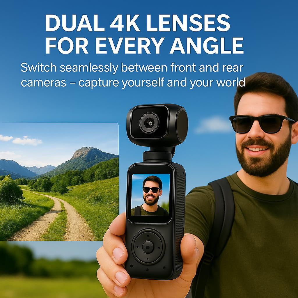 Acuvar 4K Dual Camera Pocket Camera With 3 Axis Gimbal Stabilizer, Vlogging Camera With WiFi, Face Tracking, 270° Rotation And 64GB Card
