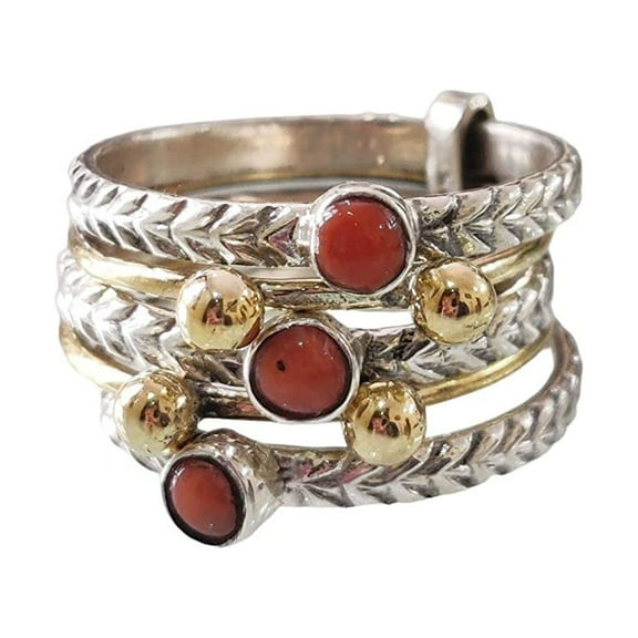 Natural Coral Spinner Ring, Beaded Meditation Ring, 925 Sterling Silver Ring, 5 Spinning Ring, Two Tone Ring, Fidget Ring, Handmade Jewelry, Christmas, Womans Band Ring, Anxiety Ring, Gifts