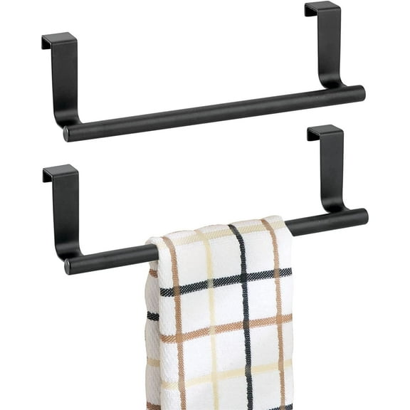 2 Pack Cabinet Door Towel Holder, 14" Over Cabinet Towel Bar, NOGIS Stainless Steel Dish Towel Holder for Universal Fit on Kitchen Bathroom Cupboard, Matte Black
