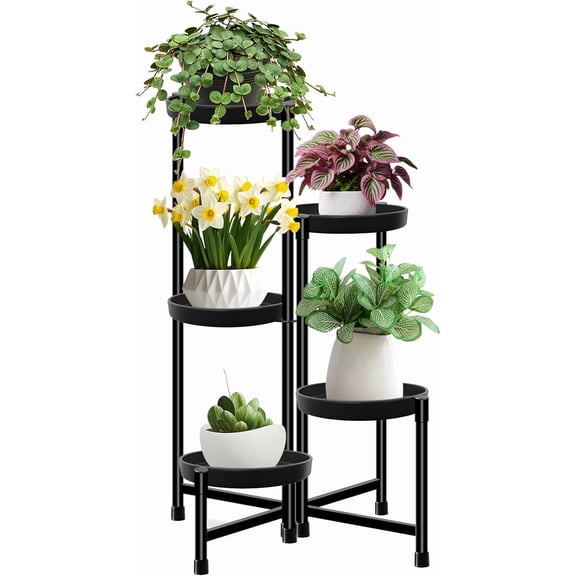 CASIMR Plant Stand Indoor Outdoor, Tall Black Metal Rustproof Stable Plant Stands, 5 Tier 31.6 inch Foldable Multiple Plants Rack Holder Rack Flower Pot Stand Heavy Duty Plant Shelf, Black