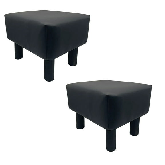 Ginni Footstool Ottoman Set of 2- Black Faux Leather- Soft Seat- Wood Legs