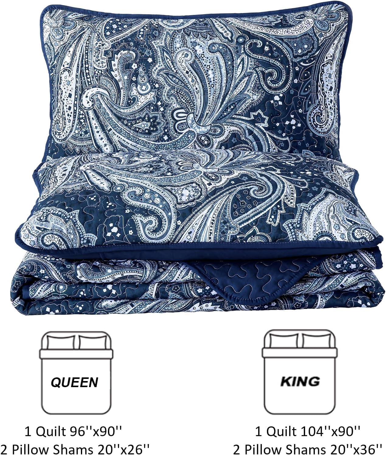 Dintszyayue Navy Quilt Set King Size,3Pcs Bohemian Bedding Set Lightweight Paisley Adult(90"x 110")