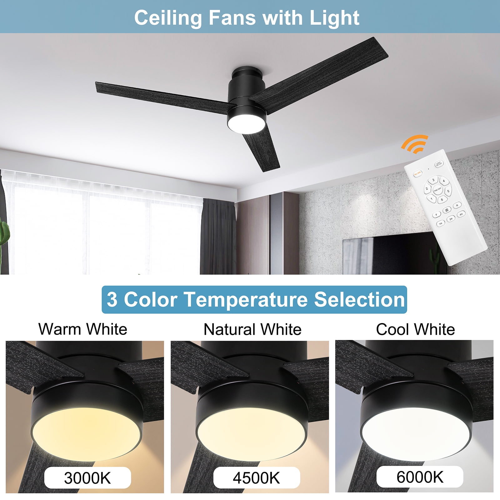 Ohniyou 52 " Flush Mount Ceiling Fans with Light and Remote Low Profile 3 Blades Outdoor Ceiling Fan for Patio Kitchen Bedroom, Black