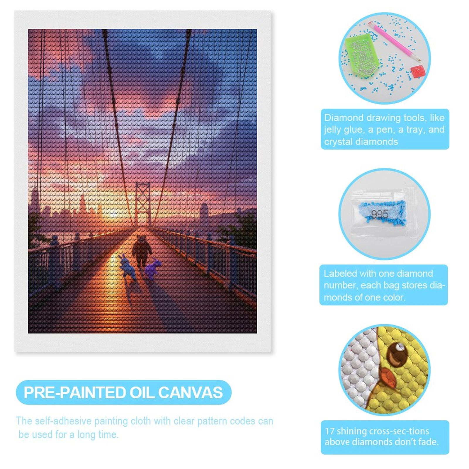 Diamond Art Kits for Adults, Sunset Bridge Plush Characters Journey 5D Diamond Painting Kits for Adults Beginners, DIY Full Drill Diamond Painting, Gem Art and Crafts 12x16