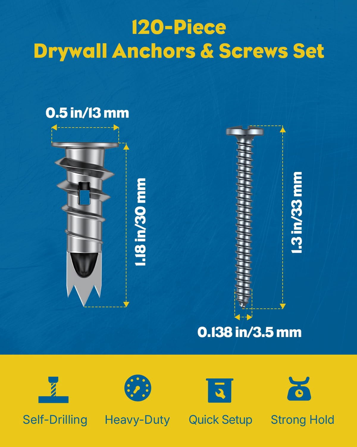 Self Drilling Drywall Anchors, Heavy Duty Wall Anchors for Drywall, Metal Dry Wall Anchors and Screws Kit, Zinc Alloy Sheetrock Anchors with #6 x 1 5/16" Screws, Picture Hanging Kit, 50 Pcs