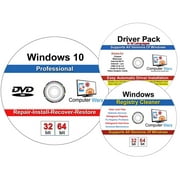 Windows 10 Pro 32/64 Bit DVD with key Install Repair Recover Restore Plus Drivers Pack & Registry Cleaner, 3PK