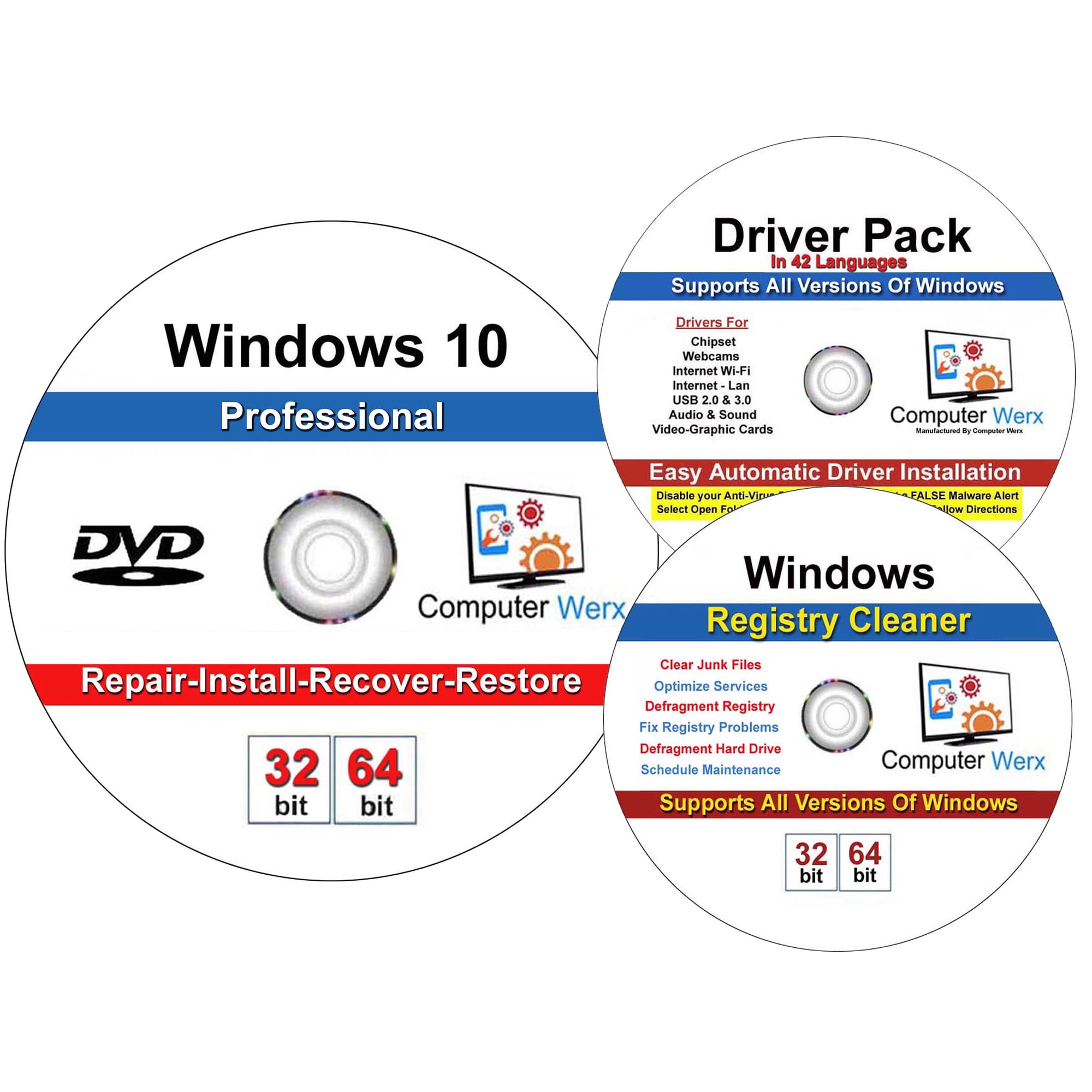 Windows 10 Pro 32/64 Bit DVD with key Install Repair Recover Restore Plus Drivers Pack & Registry Cleaner, 3PK
