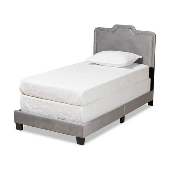Benjen Glam Grey Velvet Fabric Upholstered Twin Size Panel Bed