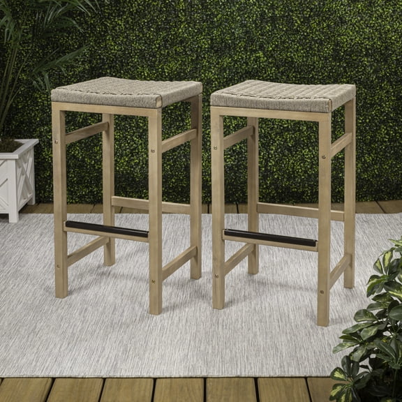 JONATHAN Y Armand Coastal Acacia Wood Backless Outdoor Bar Stools with Woven Rope Seat, Set of 2 for Patio, Kitchen and Backyard, Light Teak and Ivory BSL1201A-SET2