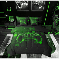 Feelyou Neon Green Gamepad Twin Bedding Sets 7-Piece for Boys, Futuristic Game Console Bedding Comforter Set, Chic Honeycomb Reversible Sheet Sets, Luxury Bedroom Decor