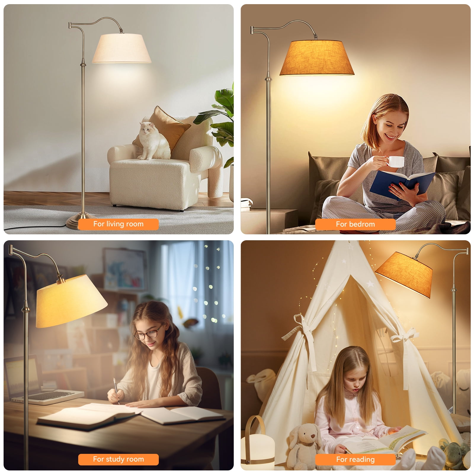 HonoDing Cantilever Floor Lamp, Standing Chandelier Floor Lamp with 180° Adjustable Swing Arm, Modern Floor Lamps with Linen Shade,Classic Lamp for Living Room Office Bedroom Reading(Bronze)