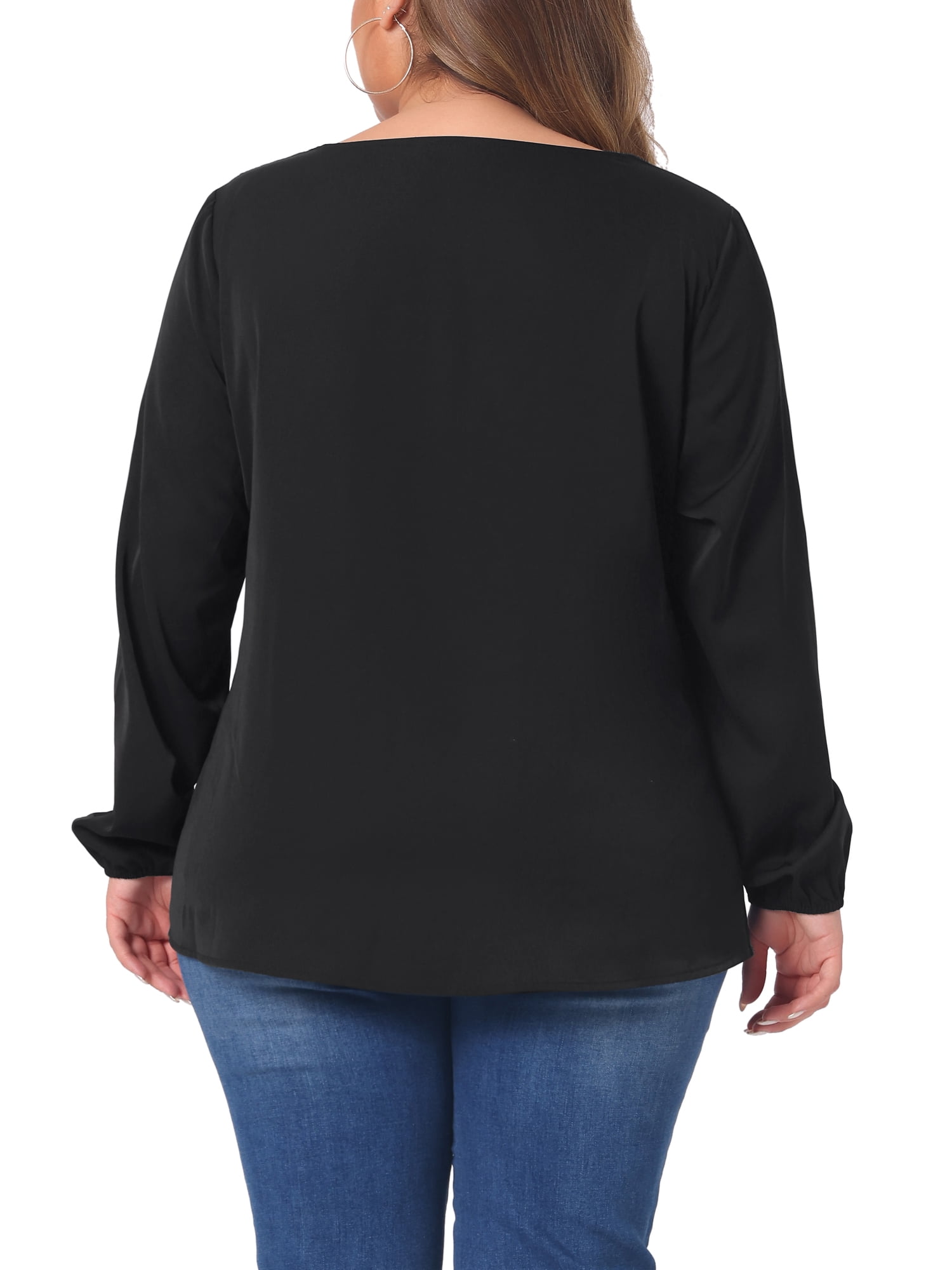 Unique Bargains Women's Plus Size Long Sleeve V Neck Chiffon Pleated Front Tops 4X Black