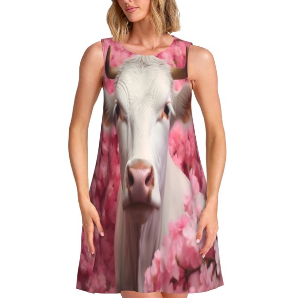 Disketp Flower White Cow para Vestido sin Mangas para Mujeres, Vestidos de Verano para Mujeres, Casual y Holgado para la Playa