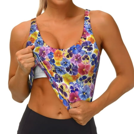 Qokaie The Garden Tricolor Pansy Flower Pattern Womens Scoop Neck Sports Bra Breathable Workout Vest Padded U Back Medium Impact Fitness Gym Yoga Bra Workout Crop Top